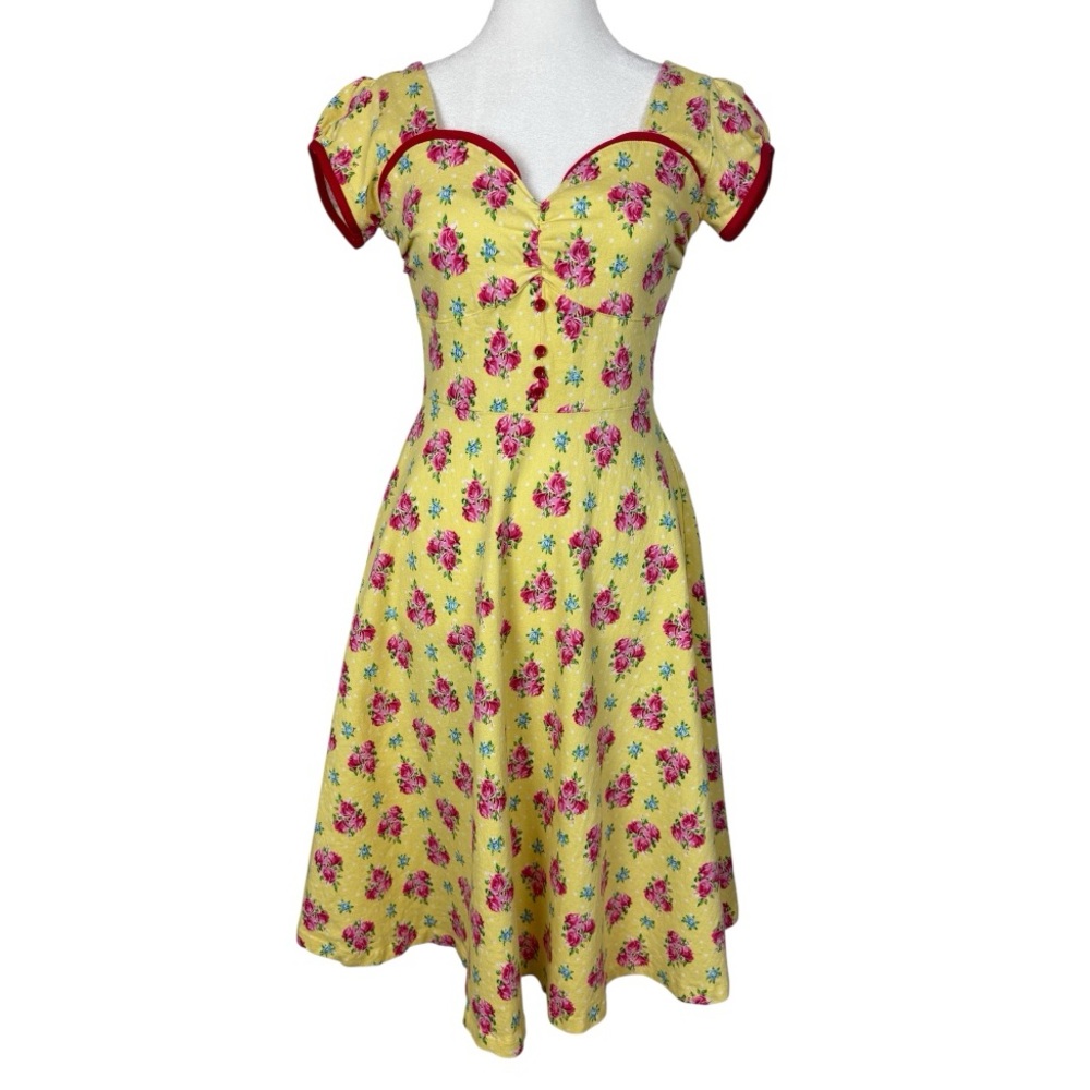 Lindy Bop sweetheart neck yellow floral dress size Small